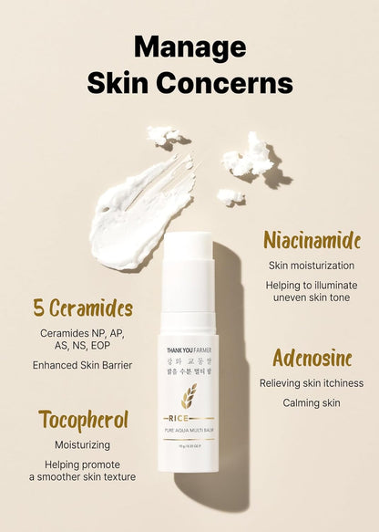 THANKYOU FARMER Rice Pure Aqua Multi Balm (30ml) Deep Moisturizing, Barrier Enhancing Stick Formula Balm With 5 Ceramides & Rice Extract, Hydration Boost For Dry & Sensitive Skin, Soothing Moisture Locking Cream, Korean Skincare