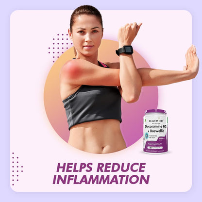 Woman stretching with a supplement bottle labeled 'Healthy Mix' on a light purple background