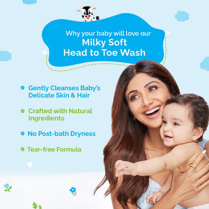 Woman holding a baby with promotional text about Milky Soft Head to Toe Wash on a light blue background