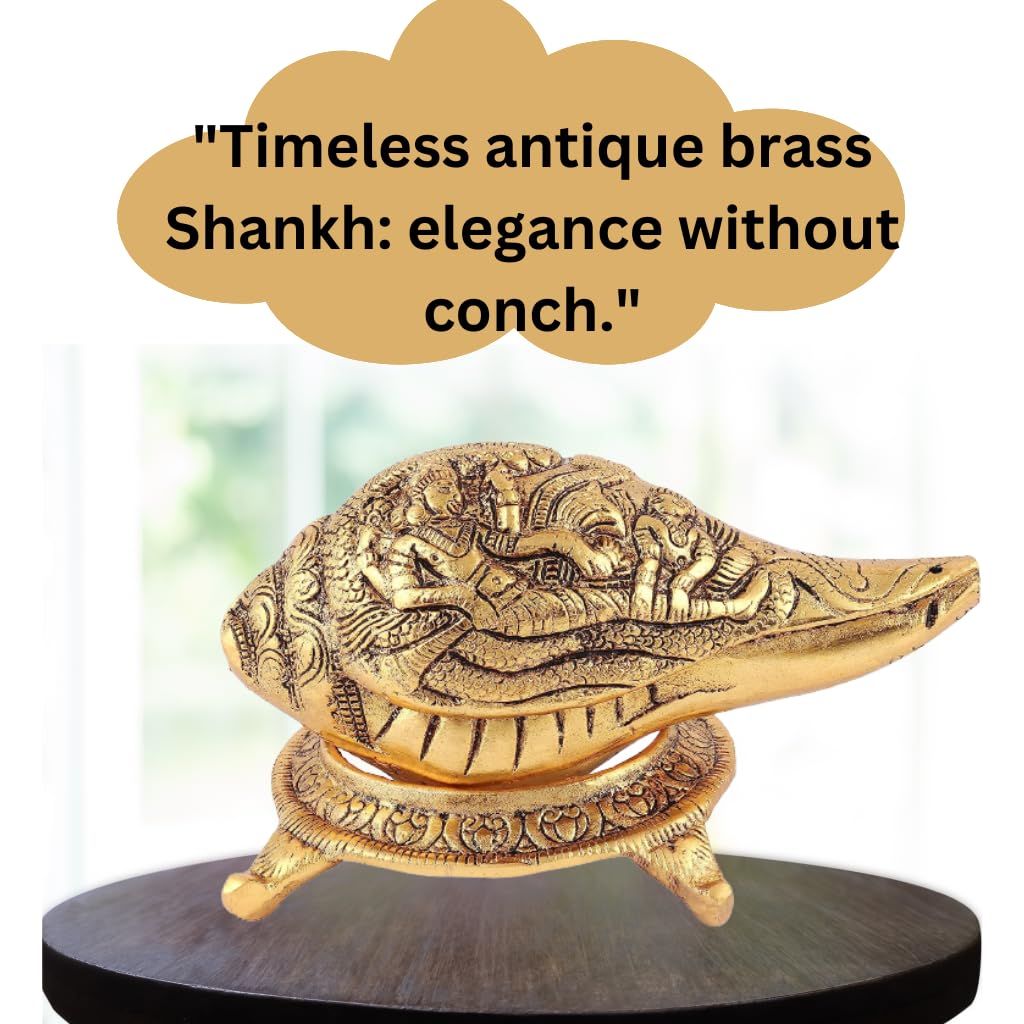 Kalakriti Lord Vishnu Laxmiji and SheshNaag Carving Antique Brass Finish Gold Plated Shankh Showpiece with Stand| Conch for Temple| Vastu Decorative Items Sankh for Home |Religious Diwali Gift 1 pc