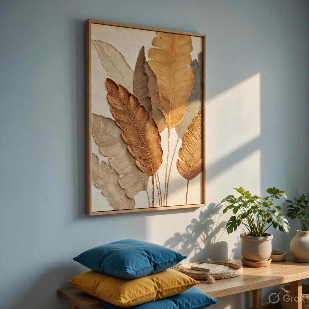 Minimalist Botanical Leaf Wall Painting with Wooden Frame | Modern Beige Leaf Artwork HD UV Laminated MDF Wall Decor | Aesthetic Nature Wall Art for Living Room Bedroom Home 13.5 Inch x 19.5 Inch