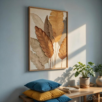 Minimalist Botanical Leaf Wall Painting with Wooden Frame | Modern Beige Leaf Artwork HD UV Laminated MDF Wall Decor | Aesthetic Nature Wall Art for Living Room Bedroom Home 13.5 Inch x 19.5 Inch