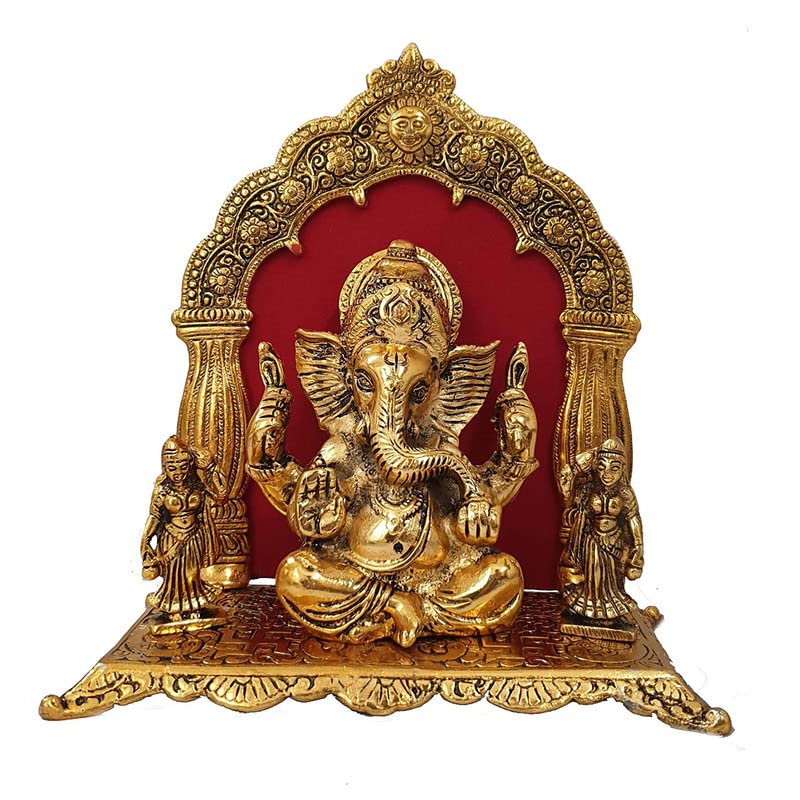 Gold Plated Ganesha Statue God Idol Oxidized Finish with Beautiful Red Velvet Box and with Carry Bag (24H x 21W x 1L Centimeters)