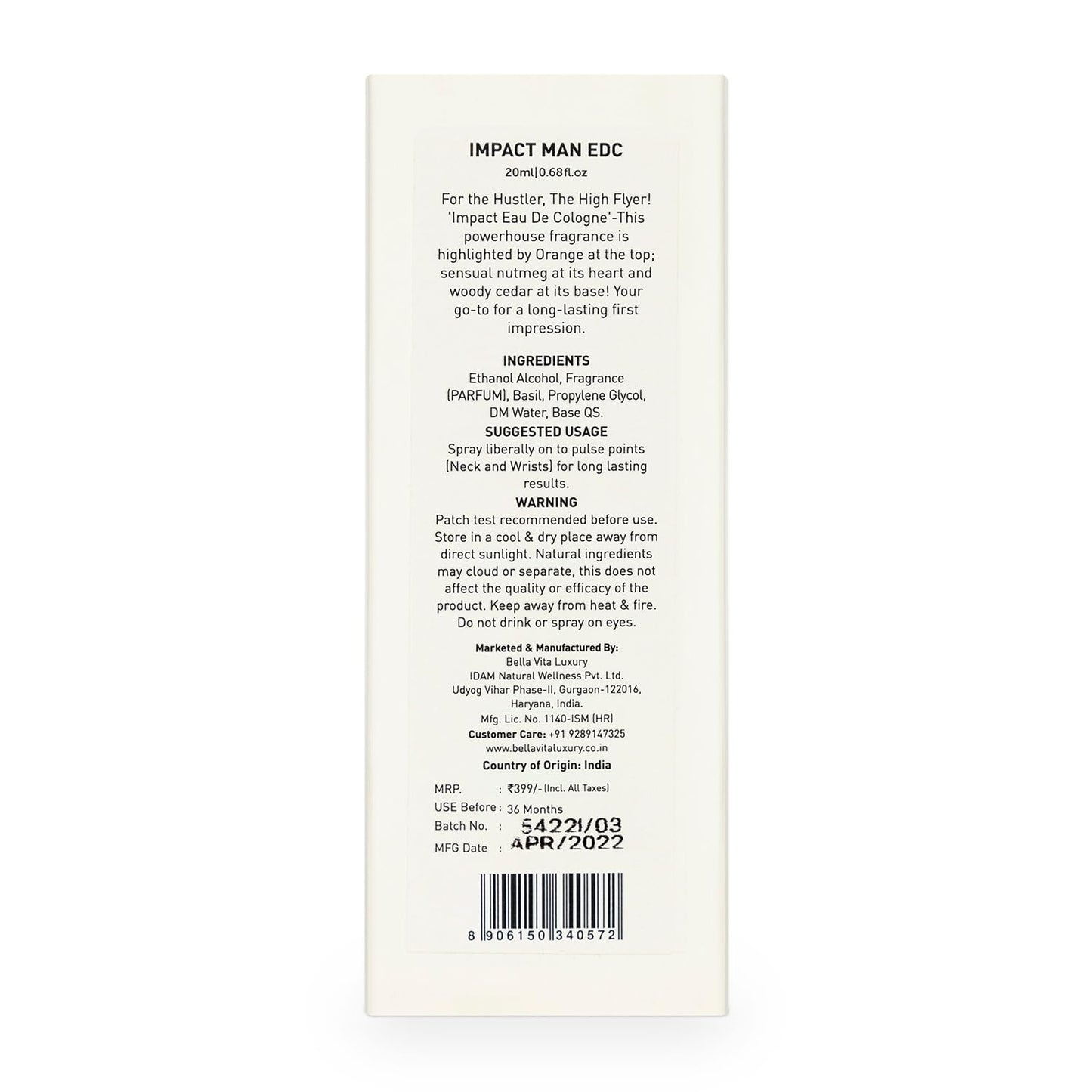 Bella Vita Luxury Impact Men Eau De Cologne Liquid Perfume With Mendarin Orange, Patchouli, Cedar | Woody, Citrusy Long Lasting Edc Fragrance Fresh Scent 20 Ml