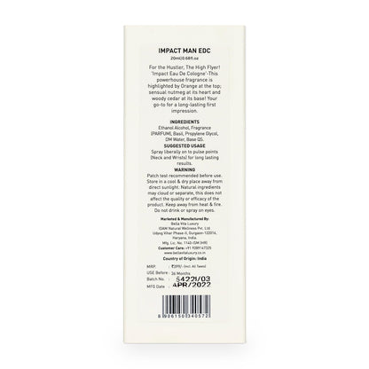 Bella Vita Luxury Impact Men Eau De Cologne Liquid Perfume With Mendarin Orange, Patchouli, Cedar | Woody, Citrusy Long Lasting Edc Fragrance Fresh Scent 20 Ml