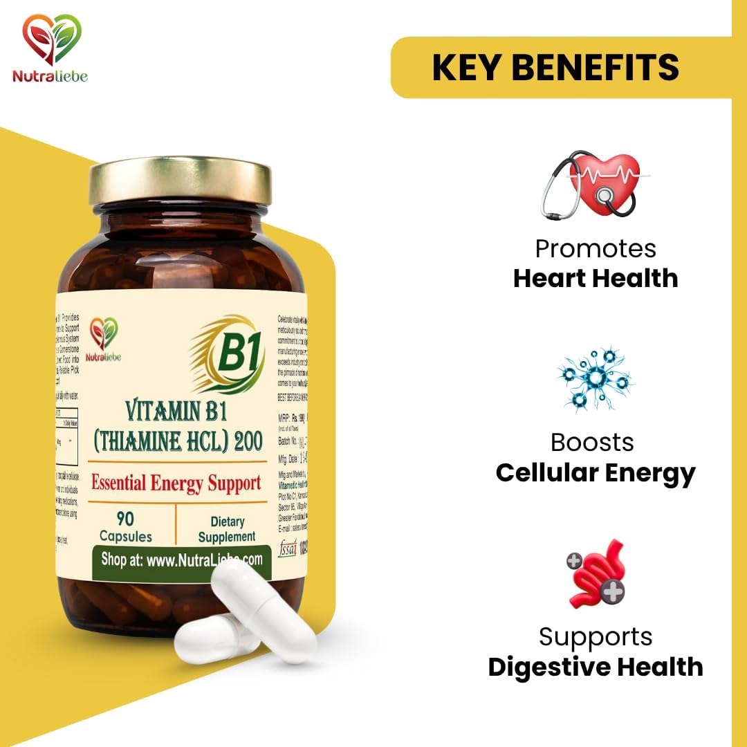 Nutraliebe Vitamin B1 (Thiamine HCl) – High-Potency Energy & Nervous System Support | Promotes Metabolism, Heart Health & Brain Function | 90 Vegetarian Capsules | Non-GMO & Gluten-Free