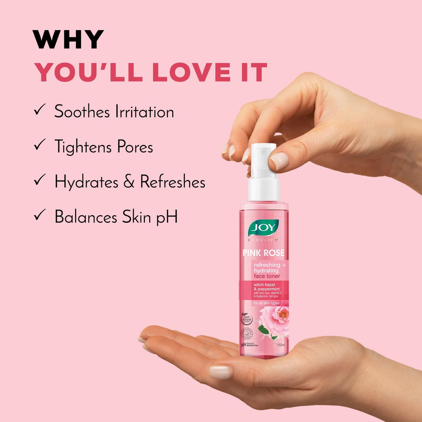Hand holding a bottle of JOY Pink Rose Face Toner with text on a pink background