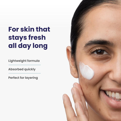 Woman applying cream to her face with text about skin freshness and product features.