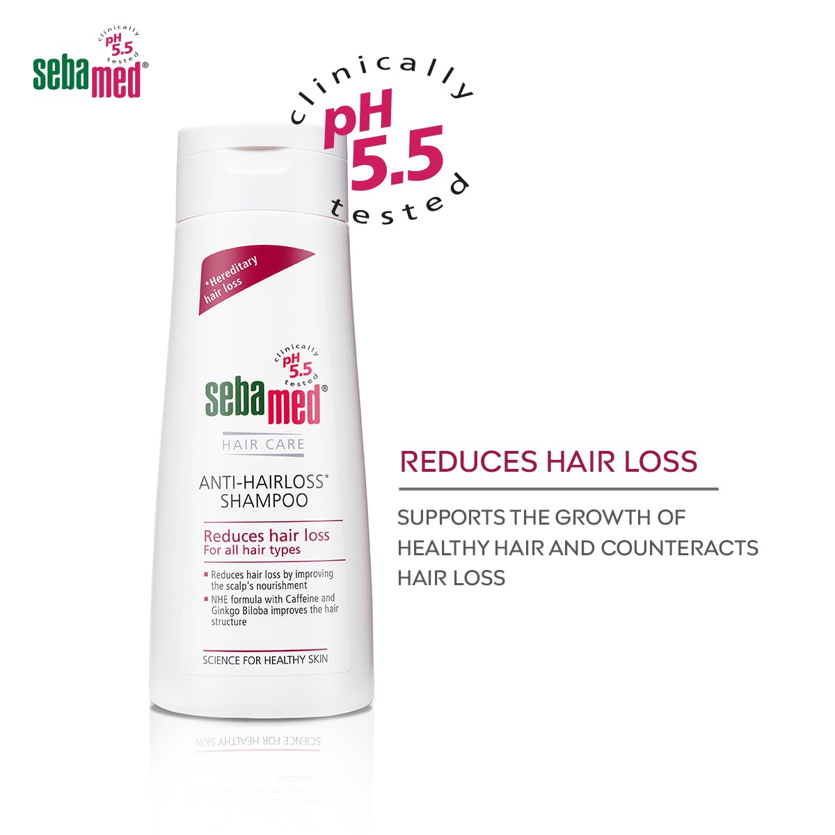 Sebamed anti-hairloss shampoo bottle with product details on a white background