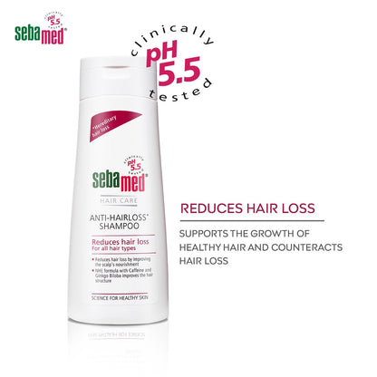 Sebamed anti-hairloss shampoo bottle with product details on a white background