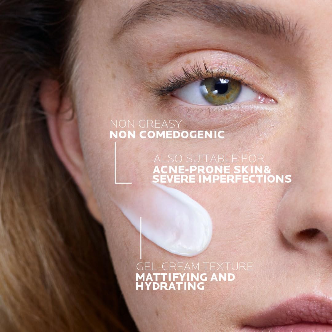 Close-up of a woman's face with a skincare product applied, featuring text about product properties.