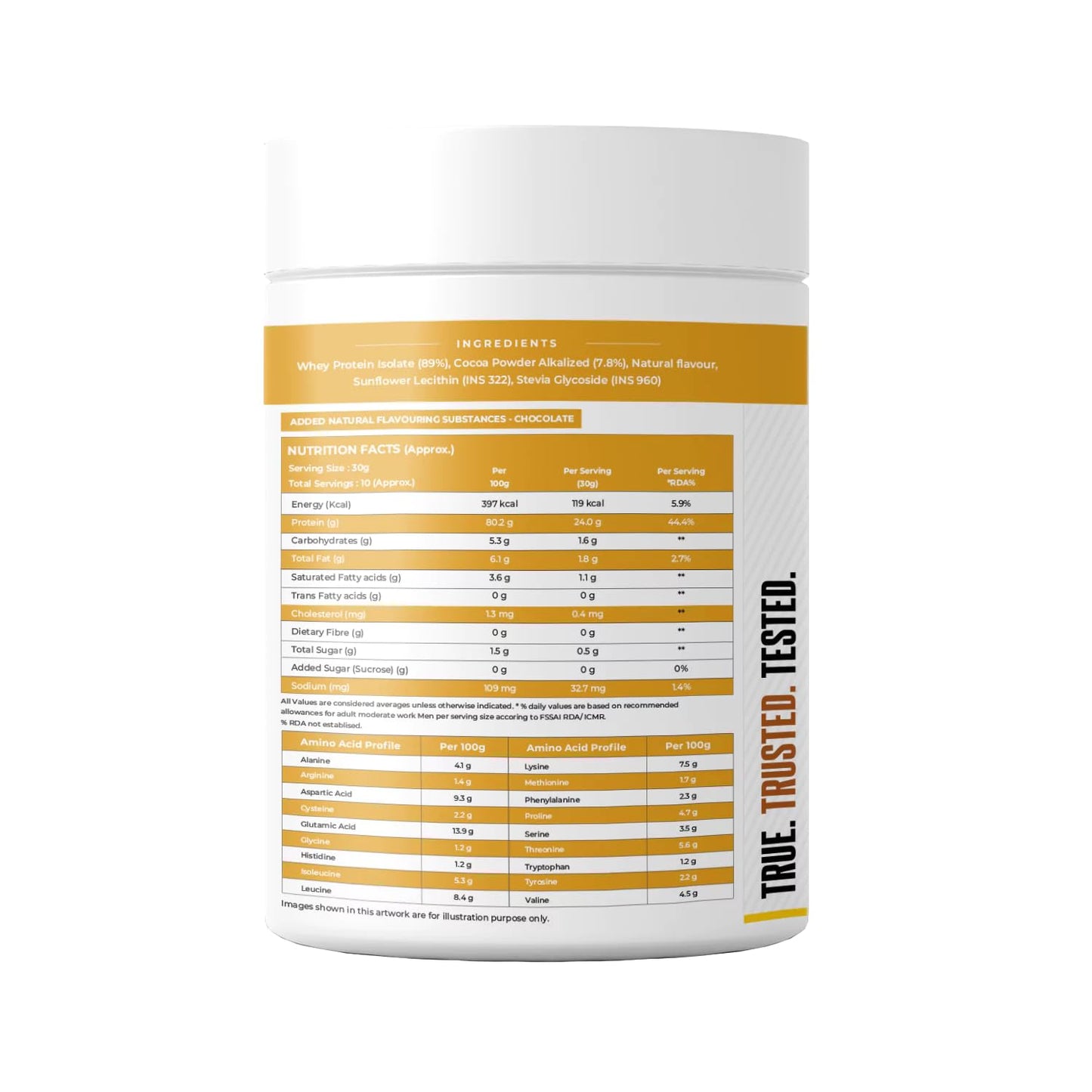 Nutritional label on a supplement container with 'True Trusted Tested' branding.