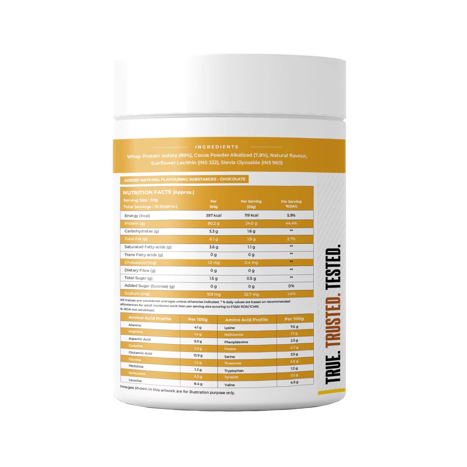 Nutritional label on a supplement container with 'True Trusted Tested' branding.