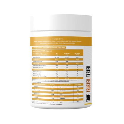 Nutritional label on a supplement container with 'True Trusted Tested' branding.