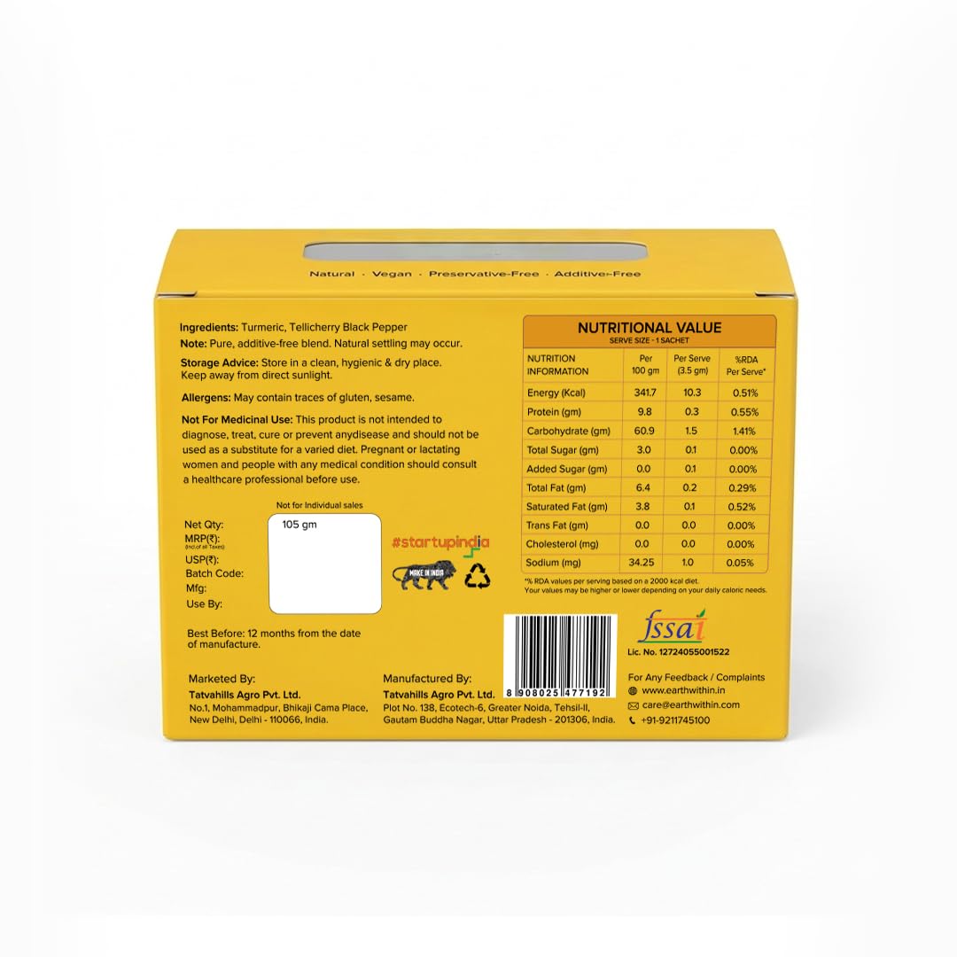 Earth Within Immunity Boost Turmeric Curcumin Drink Mix | Black Pepper Piperine | Upto 7.5% Curcumin| Anti inflammantory Supplement| Joint Pain support | Daily Immunity Booster | Golden Milk Latte Sachets | Mix in Milk or Water | 30 Sachets