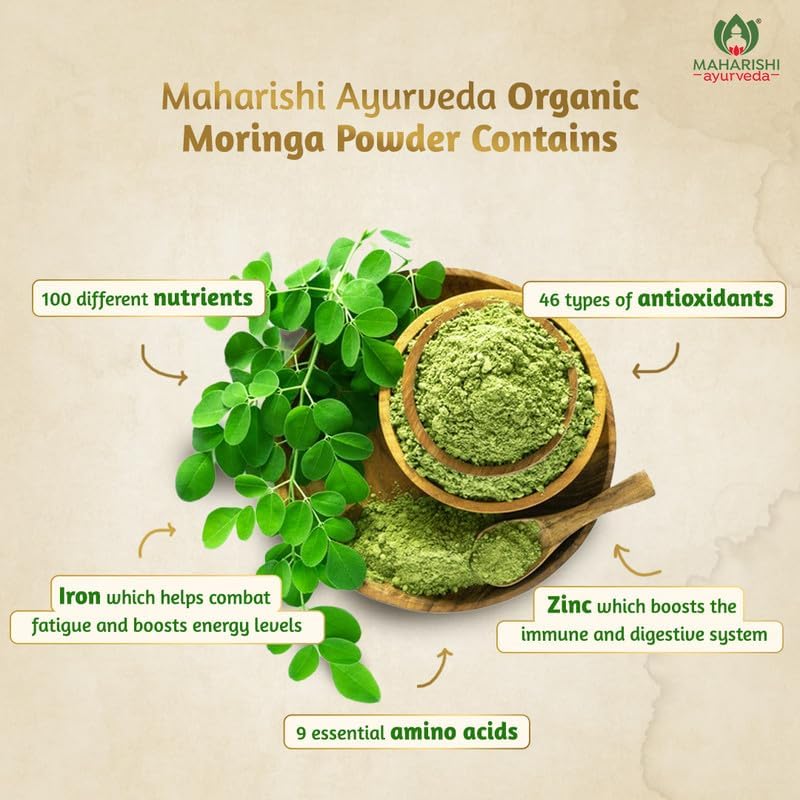 Zephivo Maharishi Ayurveda Organic Moringa Powder , Certified Organic Moringa Churna from Pure Moringa Leaves for Skin & Hair Health, Detoxification and Natural Source of Protein
