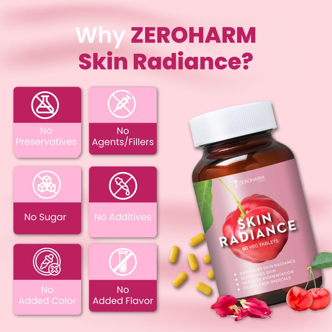 ZEROHARM Skin Radiance Supplement | L-Glutathione, Acerola Cherry Extract (Vitamin C), Biotin & E for Skin Whitening | Skin Glow, Reduce Dark Spots, Brighten & Hydrate Skin | Men & Women | 60 Tablets