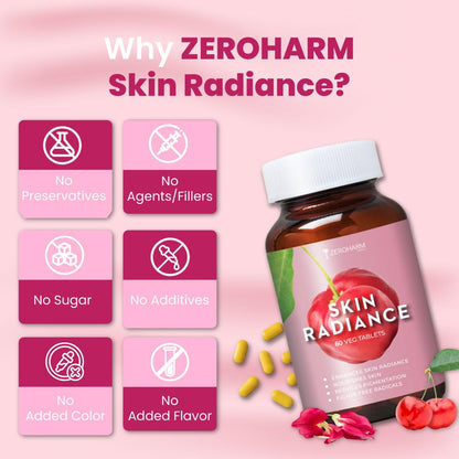 ZEROHARM Skin Radiance Supplement | L-Glutathione, Acerola Cherry Extract (Vitamin C), Biotin & E for Skin Whitening | Skin Glow, Reduce Dark Spots, Brighten & Hydrate Skin | Men & Women | 60 Tablets