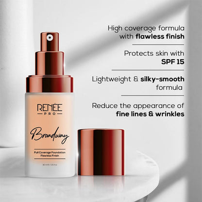 RENEE PRO Broadway Liquid Foundation - Eden, Full Coverage, Lightweight, Long-Lasting, And Highly Buildable. Delivers Velvety Matte Finish, Infused with Spf 15 & Argan Oil for Nourishment - 30ml