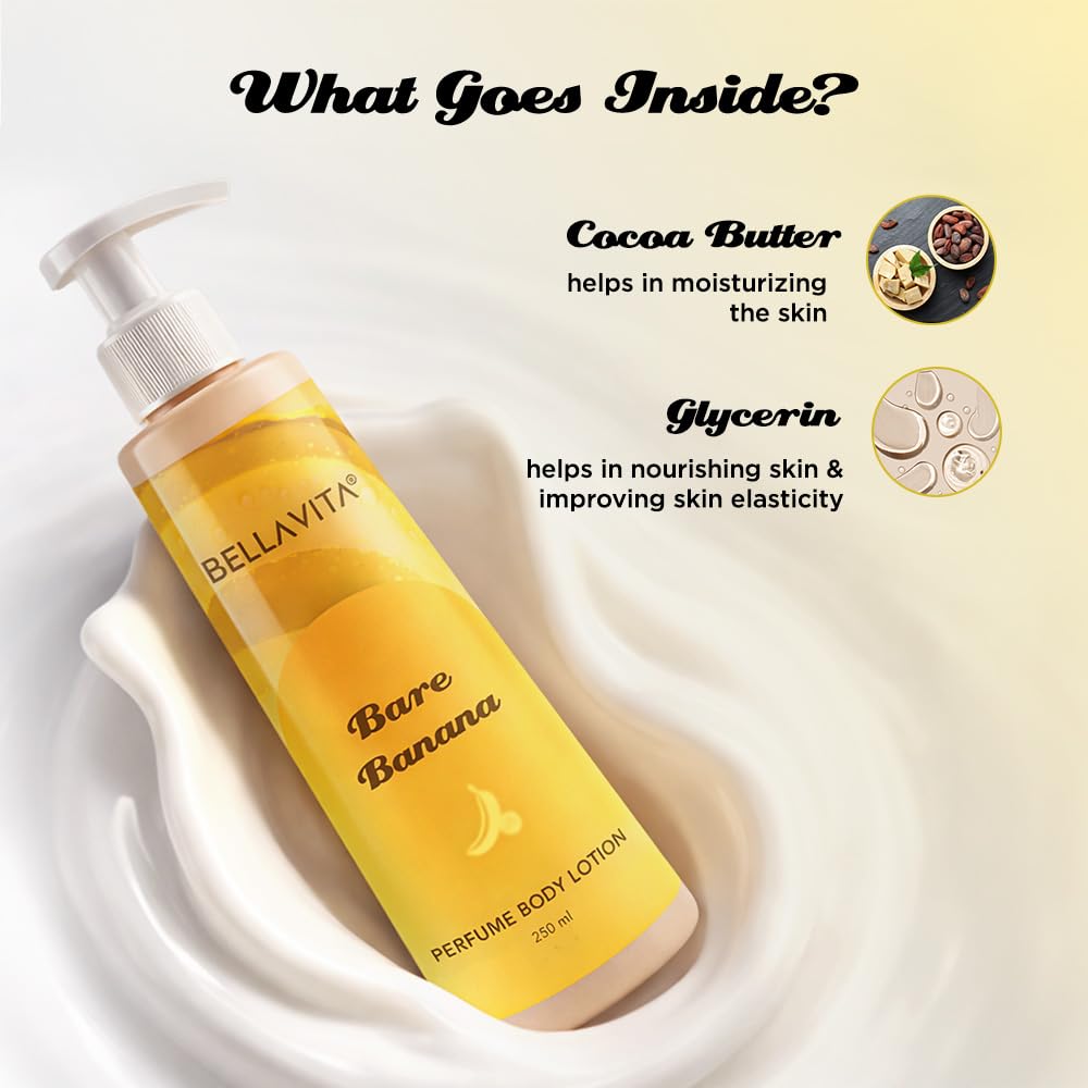 Bottle of Bellavita Bare Banana perfume body lotion with ingredients highlighted on a light background
