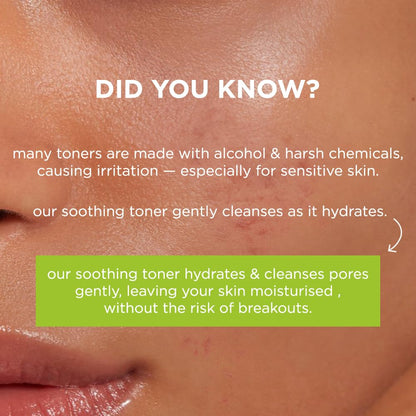 Advertisement for a soothing toner on skin with text about alcohol-free and harsh chemical-free toners.