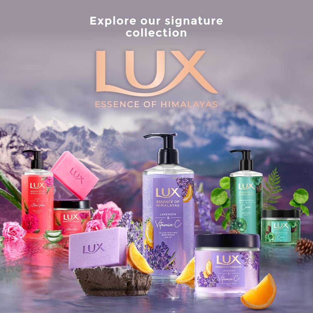 Lux skincare products with a mountainous background and 'Explore our signature collection' text.