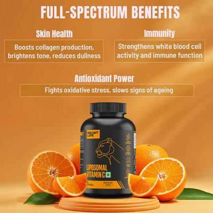 BeastLife Liposomal Vitamin C | Higher bioavailability | Neutralizes free radicals | Promotes firm skin Health | Improve cognitive function Immunity Support– Fast Absorption & Bioavailability | 60 Capsules