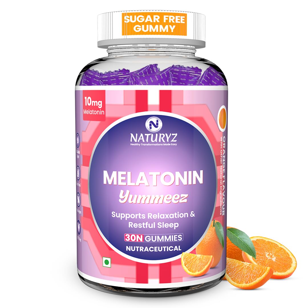 Naturyz Melatonin Yummeez gummy bottle with oranges on a white background