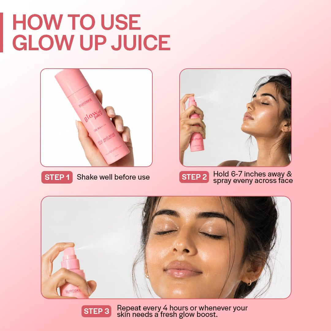 Suroskie Glow Up Juice SPF 35 PA++++ Sunscreen Spray 100ml with Rose & Rice Toner for Glass Skin | UV Rays Protection | Brightens & Smoothens | Dewy Mist for All Skin Types | Dermatologically Tested