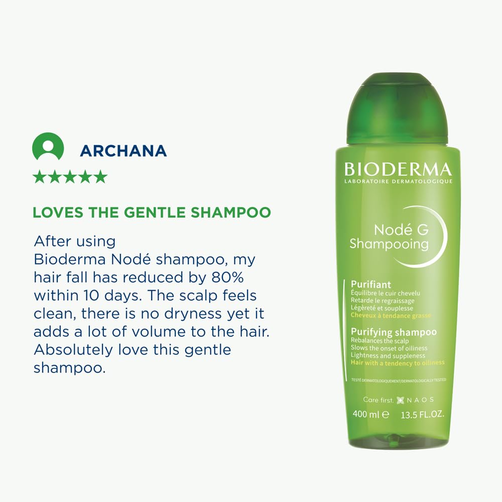 Bioderma Node G shampoo bottle with customer review on a white background