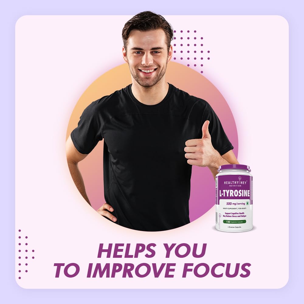 Man giving a thumbs up with a supplement bottle labeled 'L-Tyrosine' on a light purple background