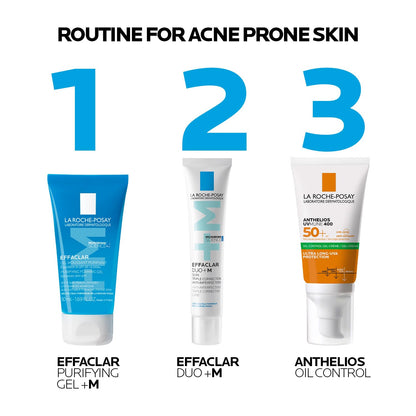 Three La Roche-Posay skincare products with step-by-step instructions for acne-prone skin on a white background.