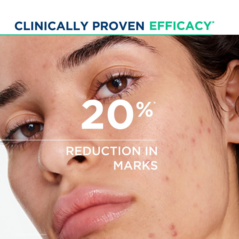 Close-up of a person's face with text indicating 20% reduction in marks, labeled 'Clinically Proven Efficacy'.