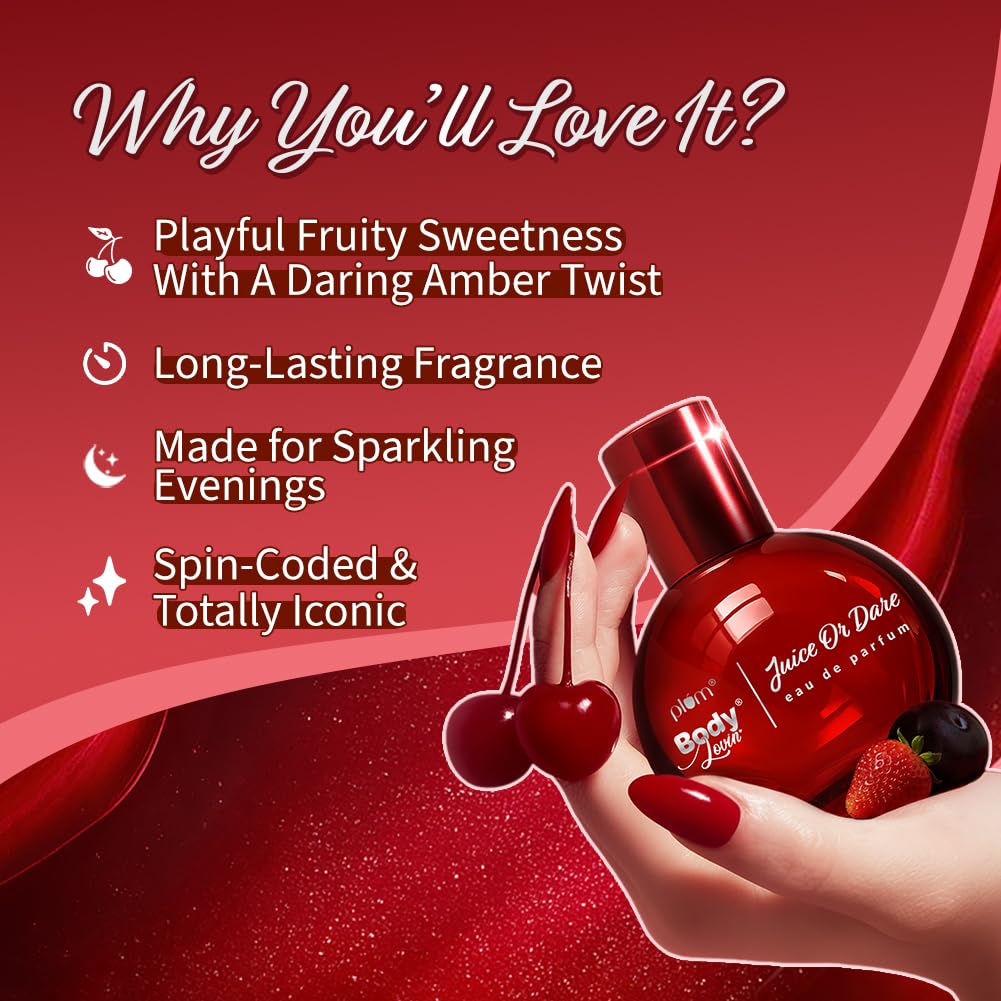 Plum BodyLovin' Juice Or Dare Valentine-Ready Eau De Parfum | Long Lasting Gourmand fragrance with oriental blend of juicy red fruits & fizzy strawberries | Luxurious scent, Purse-Friendly | 50ml