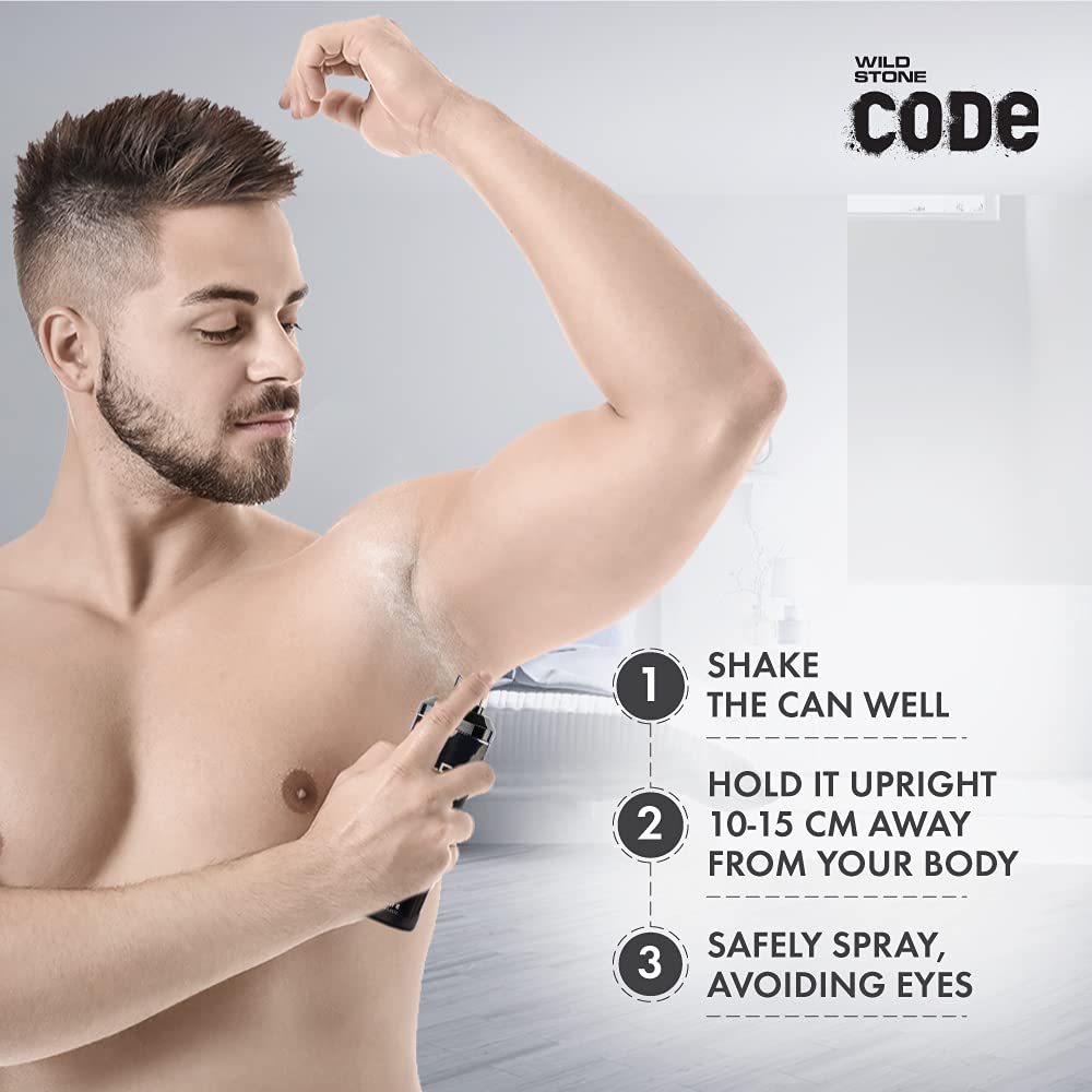 Man applying deodorant with instructions on a gray background, featuring the Wild Stone Code brand.
