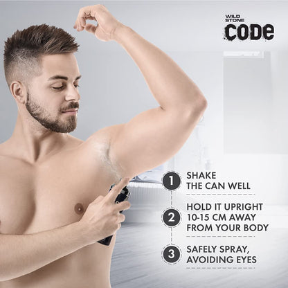 Man applying deodorant with instructions on a gray background, featuring the Wild Stone Code brand.