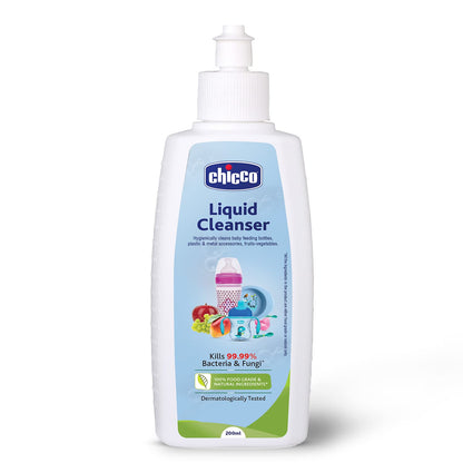 Chicco Liquid Cleanser 200ml I 100% Food Grade & Natural Ingredients I Kills 99.99% germs I Effective cleaning of baby Bottles, Nipples, Accessories and Toys I Baby safe & Dermatologically Tested