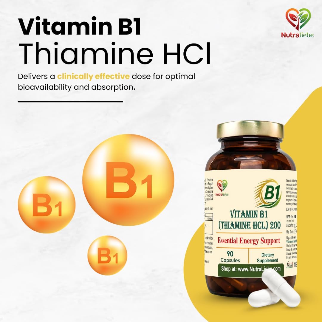 Nutraliebe Vitamin B1 (Thiamine HCl) – High-Potency Energy & Nervous System Support | Promotes Metabolism, Heart Health & Brain Function | 90 Vegetarian Capsules | Non-GMO & Gluten-Free