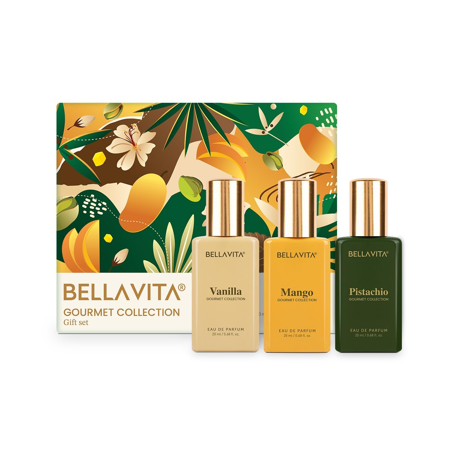 Bellavita Gourmet Collection gift set with three perfume bottles on a white background