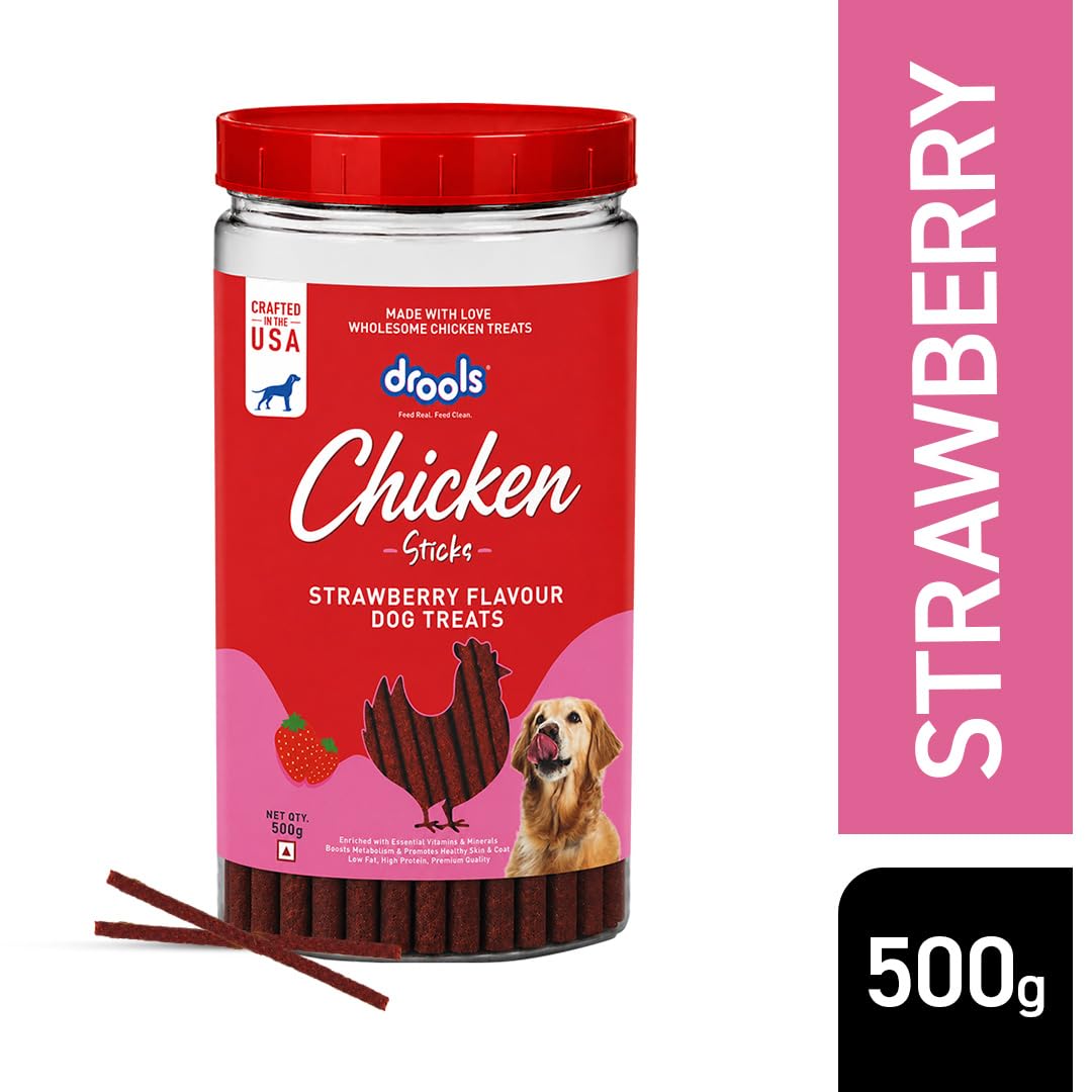 Drools Dog Treat Sticks with Chicken & Strawberry Flavor, Nutritious Chew Treats for All Breeds, 500g