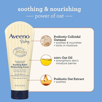 Aveeno Baby Soothing Relief Moisture Cream 227g|24-Hour Protection for Dry,Itchy or Sensitive Skin|Natural oat extract|Fragrance-free,paraben-free,Hypoallergenic|US #1 Pediatrician recommended
