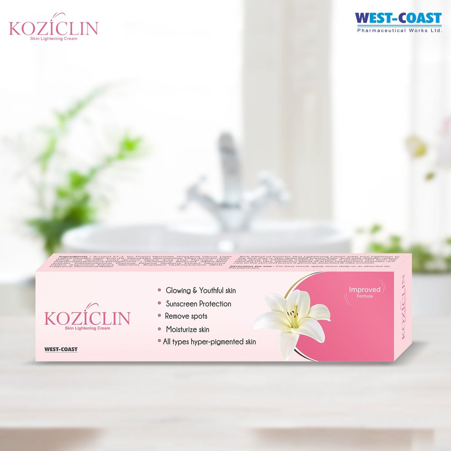 Koziclin skin lightening cream packaging on a blurred background