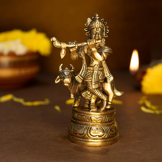 100% Pure Brass Lord Krishna Idol with Flute | Shree Lord Krishna Statue for Home Decor | Kanha Ji ki Murti for Office Desk | Sri Krishna Idols Gift for House Warming Ceremony