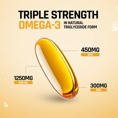 Triple strength Omega-3 supplement capsule with nutritional information on a beige background
