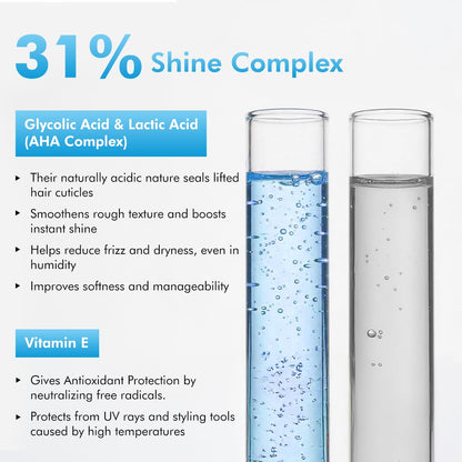 Two test tubes with blue and clear liquids, labeled with skincare benefits on a white background.