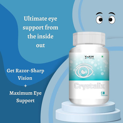 Crystalix eye support supplement bottle with promotional text on a blue background