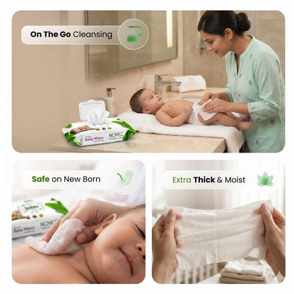 Novel Baby Wet Wipes 80 Wipes x Pack of 3 (240 Wipes) | Aloe Vera, Chamomile, Vitamin E Enriched | pH Balanced, Alcohol, Hypoallergenic & Paraben-Free | Soft Gentle Baby Wipes with Lid