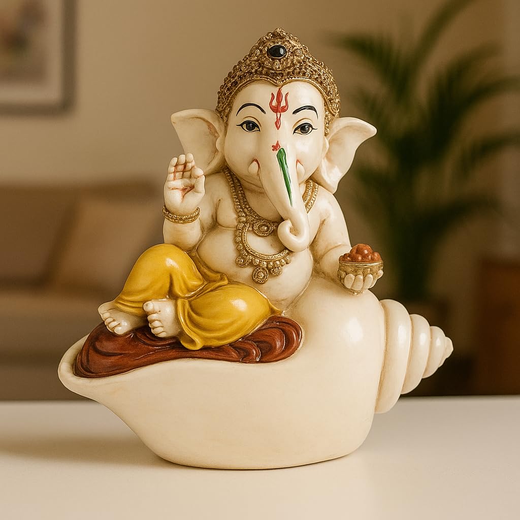 Lord Ganesh Idol 13 x 12 cm | Colourful Polyresin Statue of Ganesh Sitting on Shell | Handcrafted Decorative Figurine for Pooja Mandir, Home Temple, Showcase & Gifting