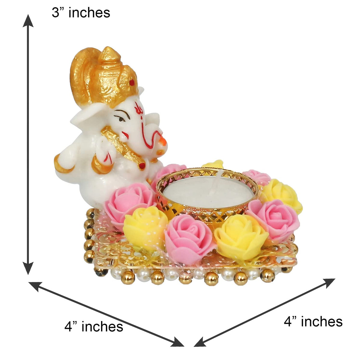 Resin Lord Ganesha Idol on Decorative Flower Plate Tea Light Candle Holder|Ganpati Murti Tea Light Holder Diwali Decoration Item for Home Decor Office|Gift for Diwali Housewarming Birthday