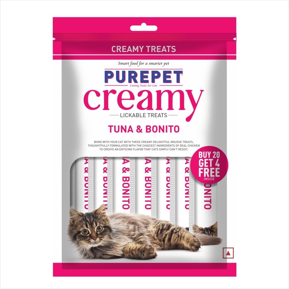 Purepet Creamy Lickable Cat Treats(15g x 24 Pieces) 360g | Tuna & Bonito Flavour | Rich in Protein | Taurine for Heart & Vision | Ideal for Training | Promotes Hydration| for Kitten & Adult Cats